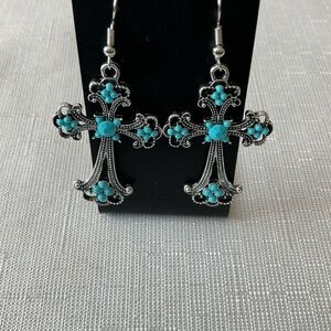 Turquoise Color silver Tone Cross Earrings